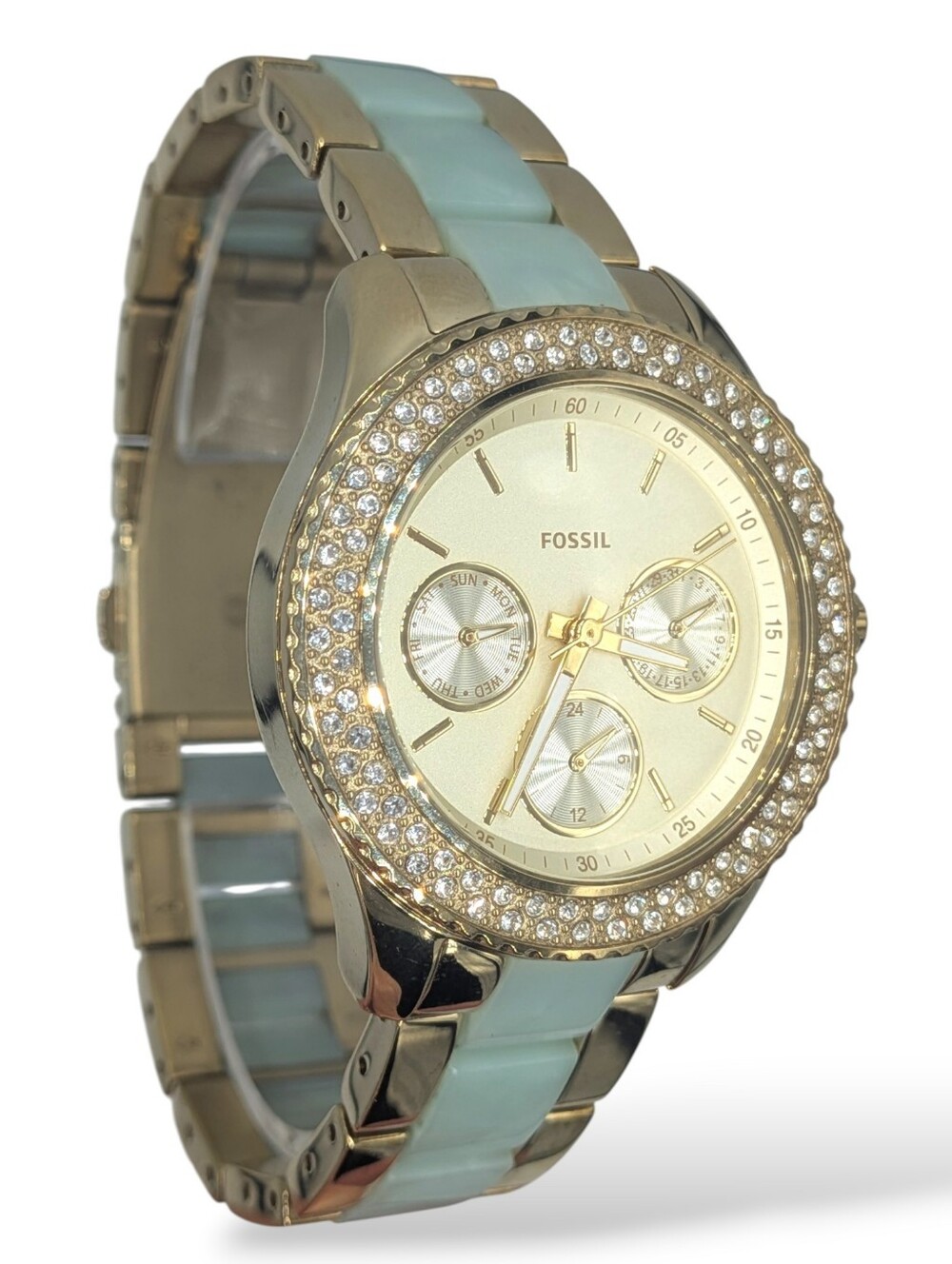 Fossil Stella Watch Women's Mint Green Gold Tone Acetate Crystal Wristwatch‎